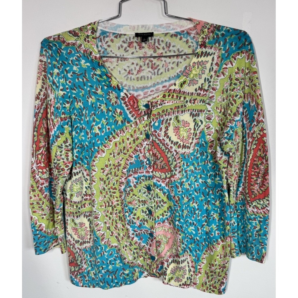 Talbots Colorful Lightweight Cotton Blend Scoop Neck Cardigan Sweater Women's L